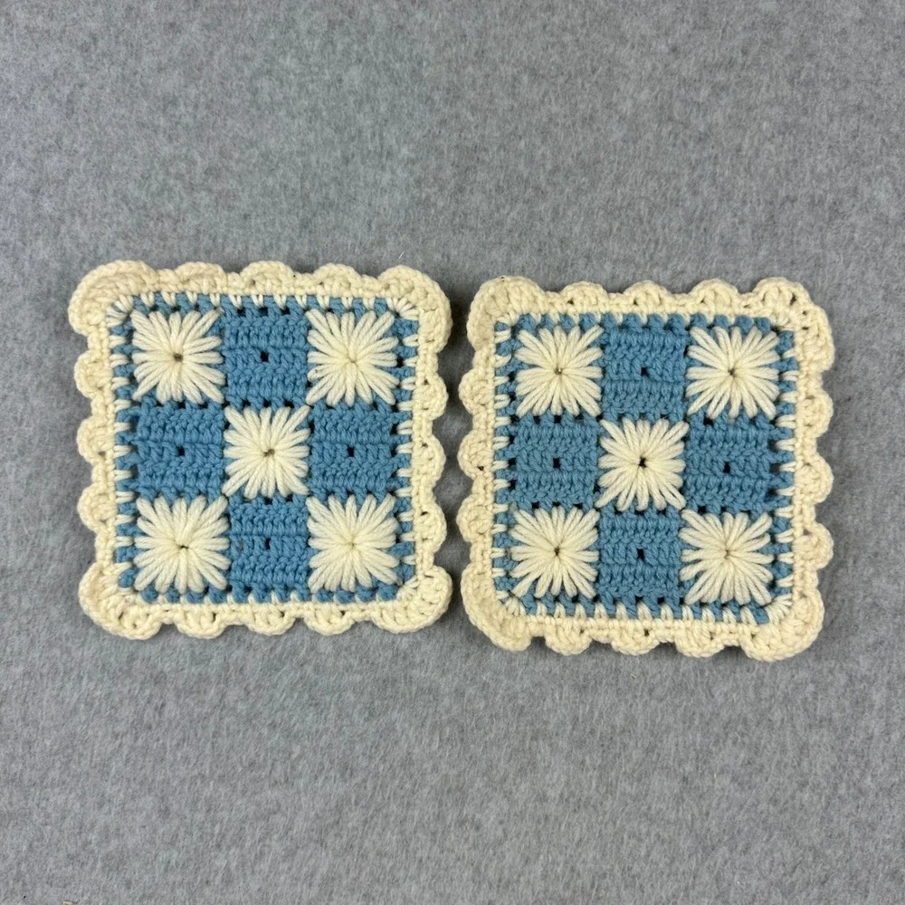 Vtg Handmade Crochet Coasters Set of 2 Blue‎ Cream Floral Square Scalloped Boho